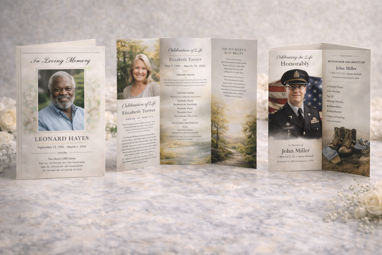Aurex luxury funeral program styles including bi-fold tri-fold and celebration of life