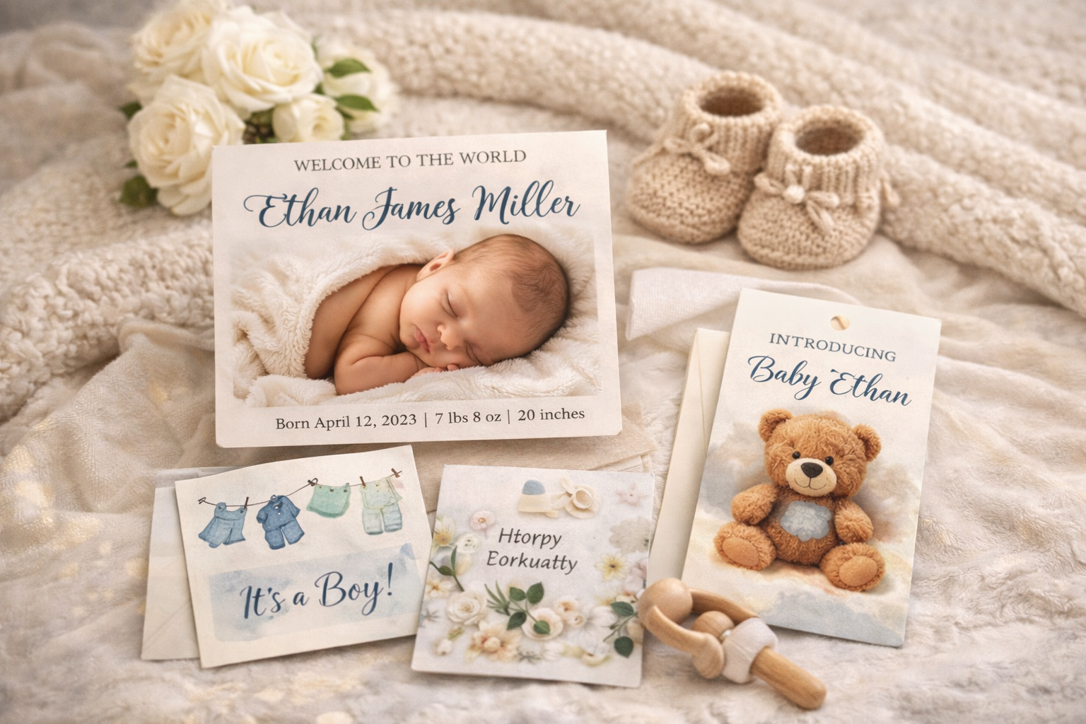 Aurex birth announcement suite with wax seal envelope on linen